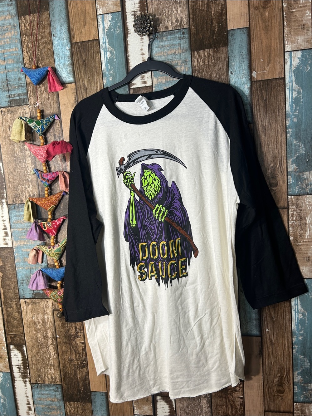 Doom Sauce IPA beer  Raglan Baseball Tee - White with Black Sleeves